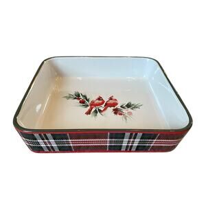 Laura Ashley Tartan Cardinals Ceramic Baker 9in Square Christmas Plaid NEW